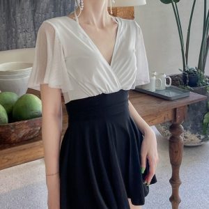 TeddyShop 水着 レディース水着 バイカラーフレアスリーブカシュクールワンピ風オールインワンスイムウェア レディース