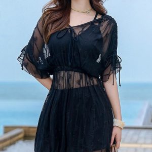 TeddyShop 水着 レディース水着 長袖シースルー編みリボントップス+ビスチェ風バッククロスビキニ 3点セット 「大きいサイズ有」 レディース