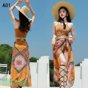 水着レディース体型カバービキニバンドゥハイネック3点セットエスニック柄無地ロングスカートパレオ30代40代50代セパレートオトナ女子リゾート