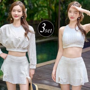 TeddyShop 水着 長袖 トップス ブラ スカート ミニ 2way 体型カバー レディース 3点セット Vネック レイヤード 紫外線対策 スリット シボ加工 白 夏