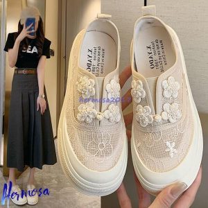 スリッポン 厚底スニーカー レディース レース 花柄 エスパシューズ モカシン カンバス 春 夏 蒸れない 着脱便利 通気 滑りにくい