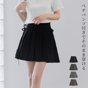 プリーツスカート ミニ ボトムス レディース ミニスカ ショート丈 フレア 韓国ファッション ハイウエスト リボン 無地 薄手 黒 春 夏 秋